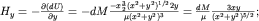 ${H}_{y} = - \frac{\partial (dU)}{\partial y} = - dM\frac{-x \frac{3}{2} ({x}^{2} + {y}^{2})^{1/2} 2y}{\mu ({x}^{2} + {y}^{2} )^{3} } = \frac{dM}{\mu} \frac{3xy}{(x^2+y^2)^{5/2}} ;$