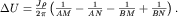 $\Delta U = \frac{J\rho }{2\pi} \left ( \frac{1}{AM} - \frac{1}{AN} - \frac{1}{BM} + \frac{1}{BN}\right).$