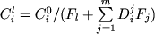 $C_i^l = C_i^0 /(F_l + \sum\limits_{j = 1}^m {D_i^j } F_j )$