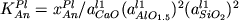 $K_{An}^{Pl} = x_{An}^{Pl} / a_{CaO}^{l1} (a_{AlO_{1.5}}^{l1} )^2 (a_{SiO_2}^{l1} )^2$