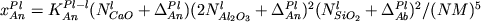 $x_{An}^{Pl} = K_{An}^{Pl-l} (N_{Ca O}^l + \Delta_{An}^{Pl})(2 N_{Al_2 O_3}^l + \Delta_{An}^{Pl})^2 ( N_{SiO_2}^l + \Delta_{Ab}^{Pl})^2/(NM)^5$