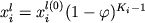$x_i^l=x_i^{l(0)} (1 - \varphi)^{K_i-1}$