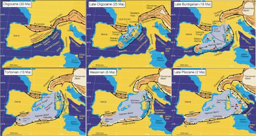История развития западной части Средиземного моря (30 млн. - 2 млн. лет назад) (Rosenbaum et al., 2002)