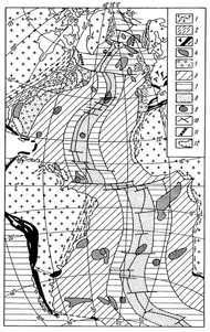 Схема геологического строения ложа Атлантического океана и его континентального складчатого обрамления (Маракушев, 1999).