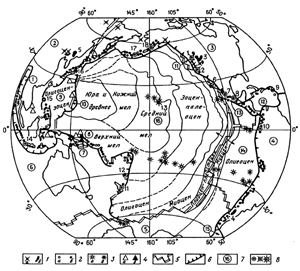 Схема геологического строения ложа Тихого океана и его континентального обрамления. Возраст базальтов приведен по данным бурения (Маракушев, 1999).