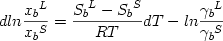  \begin {displaymath} d ln {{{x_b}^L} \over {{x_b}^S}} = {{{S_b}^L - {S_b}^S} \over {RT}} dT - ln {{{\gamma_b}^L} \over {{\gamma_b}^S}} \end{displaymath} 