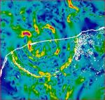 Карта гравитационной аномалии в районе кратера Чикшулуб. Красным и желтым обозначены зоны высокой гравитации, зеленым и синим низкой. Белая линия это берег полуострова Юкатан. Белые точки карстовые воронки. (по compulenta.ru)