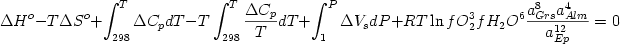 \begin{displaymath} \Delta H^o-T\Delta S^o + \int_{298}^T \Delta C_p dT - T \int_{298}^T {{\Delta C_p} \over {T}} dT + \int_1^P \Delta V_s dP + RT \ln f O_2^3 f H_2O^6 {{a^8_{Grs}a^4_{Alm}} \over {a_{Ep}^{12}}} = 0 \end{displaymath} 